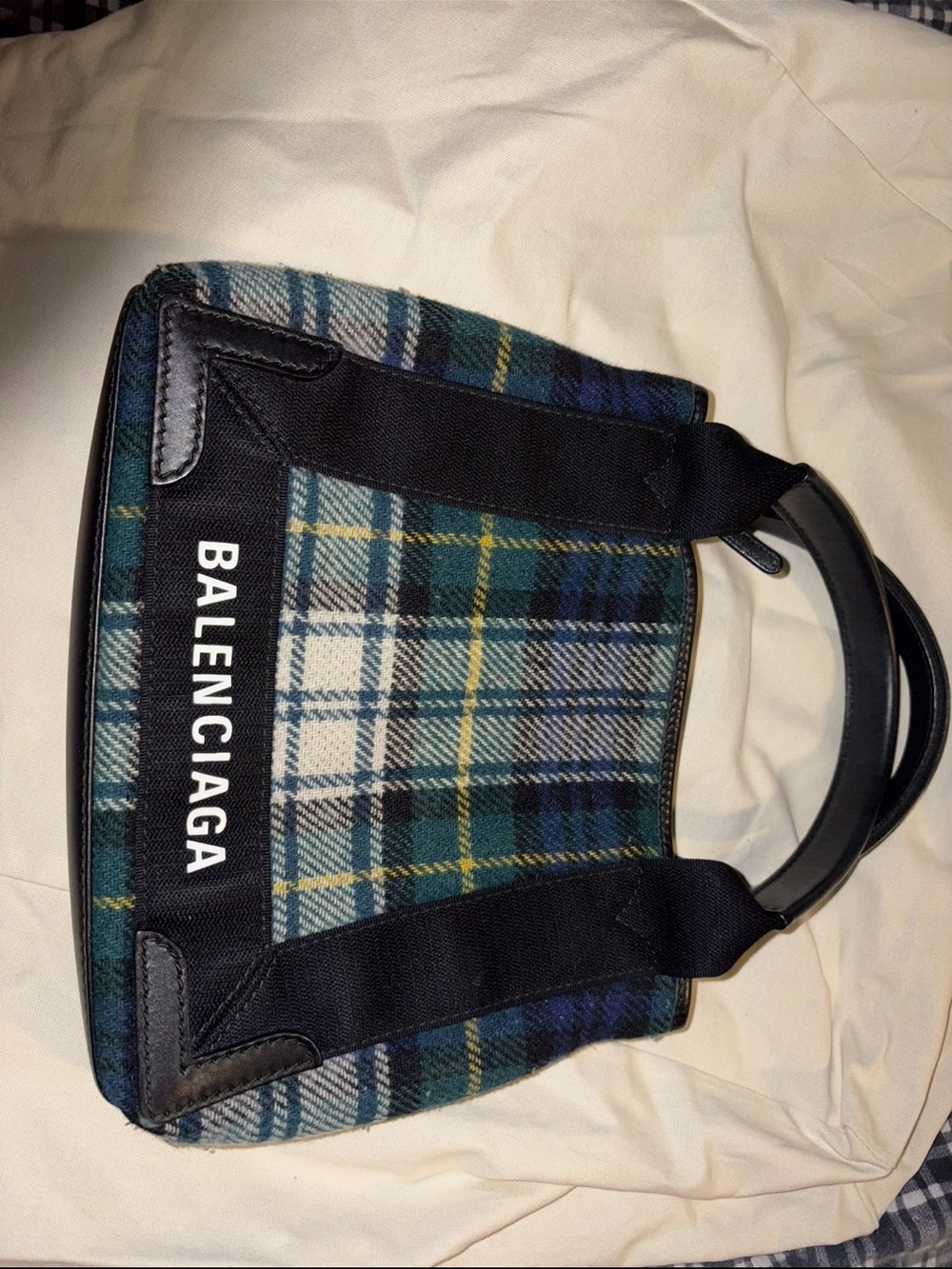 Balenciaga Tartan Wool Tote in Green, Blue & Yellow Plaid